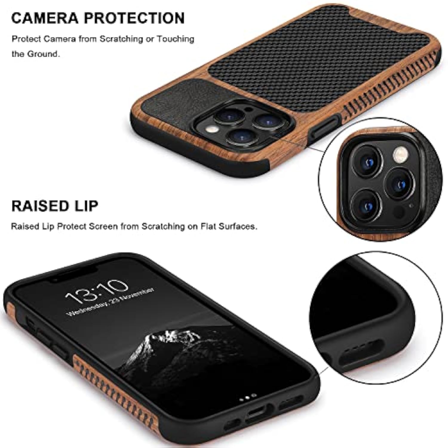 Magnetic Case Compatible With Iphone 13 Pro Max Case Wood Grain With Carbon Fiber Texture Design Leather Hybrid Slim Case (Compatible With Magsafe) Black
