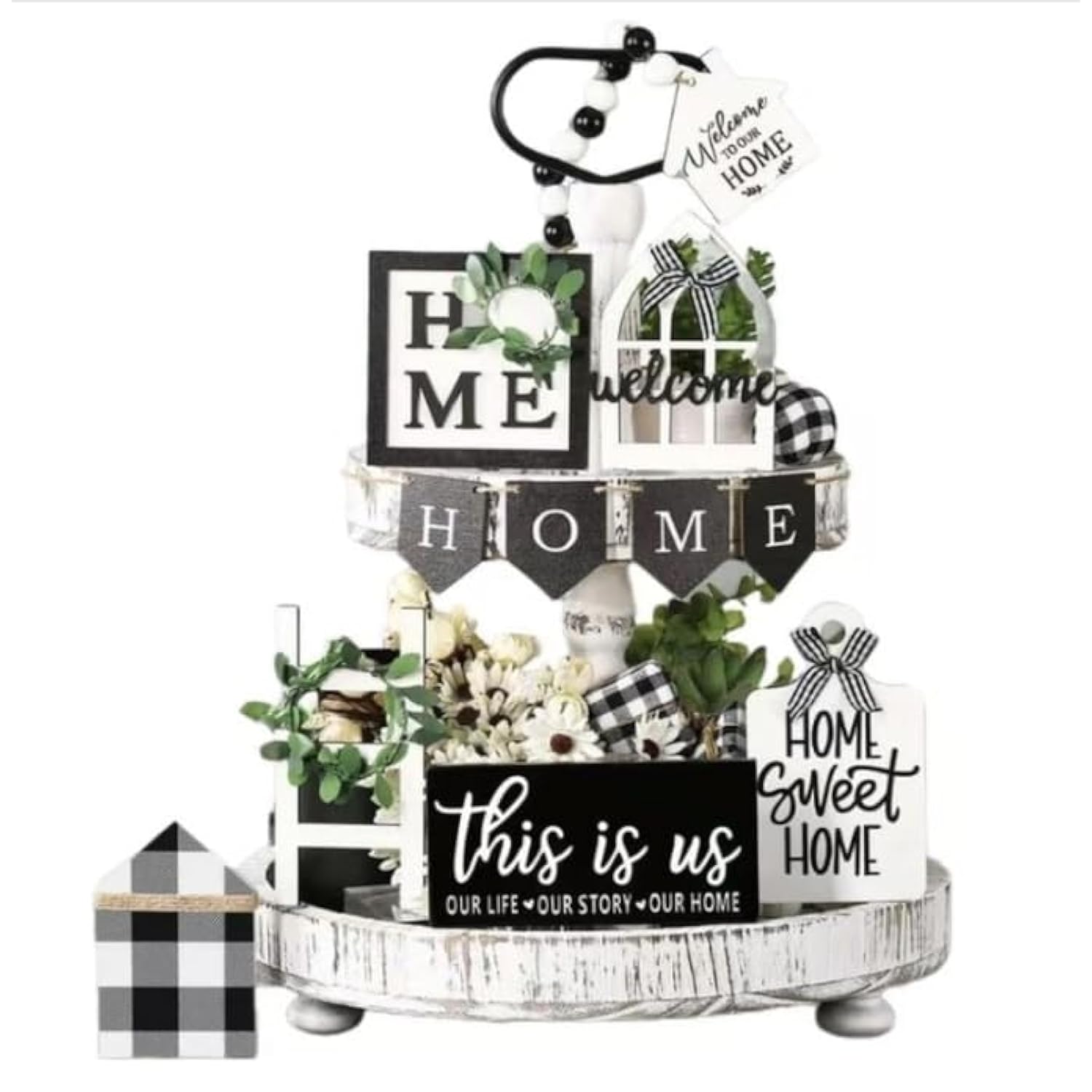 Tiered Tray Decor Set For Rustic Home Country Kitchen Dining Room Living Room Table Decorations Farmhouse Modern White And Black Tray Decorative With Wooden Beads And Board (No Tray)