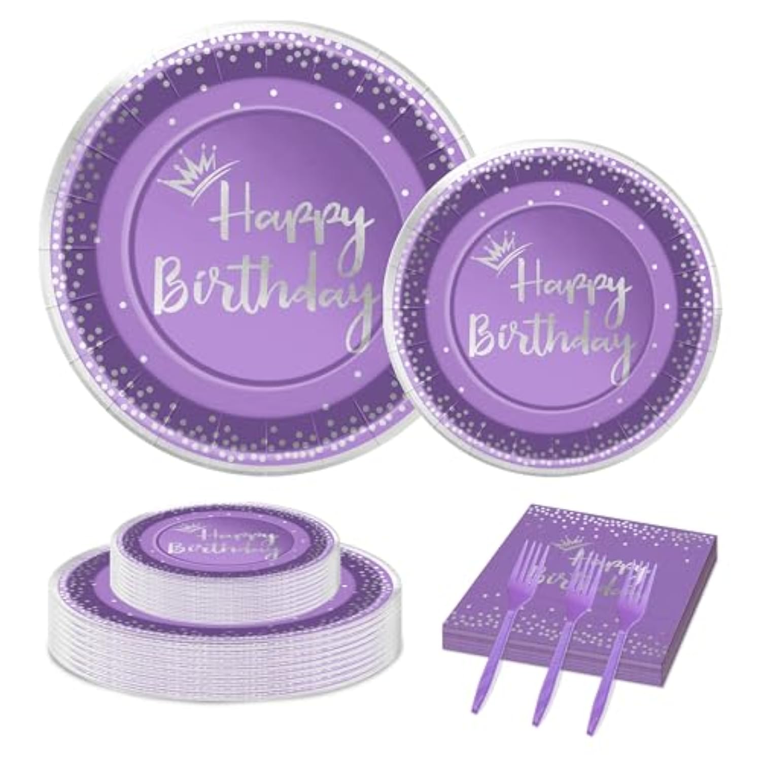 96 Pieces Purple And Silver Birthday Plates And Napkins Party Tableware Set With Happy Birthday Party Decorations,Paper Plates,Napkins And Forks For 24 Guests