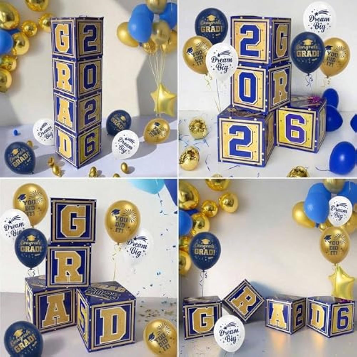 Graduation Decorations Class Of 2026 Navy Blue And Gold | 2026 Grad Balloon Boxes With Letters, Balloon Garland Kit, Congrats Grad Backdrop, Graduation Banner, High School & College Party Supplies