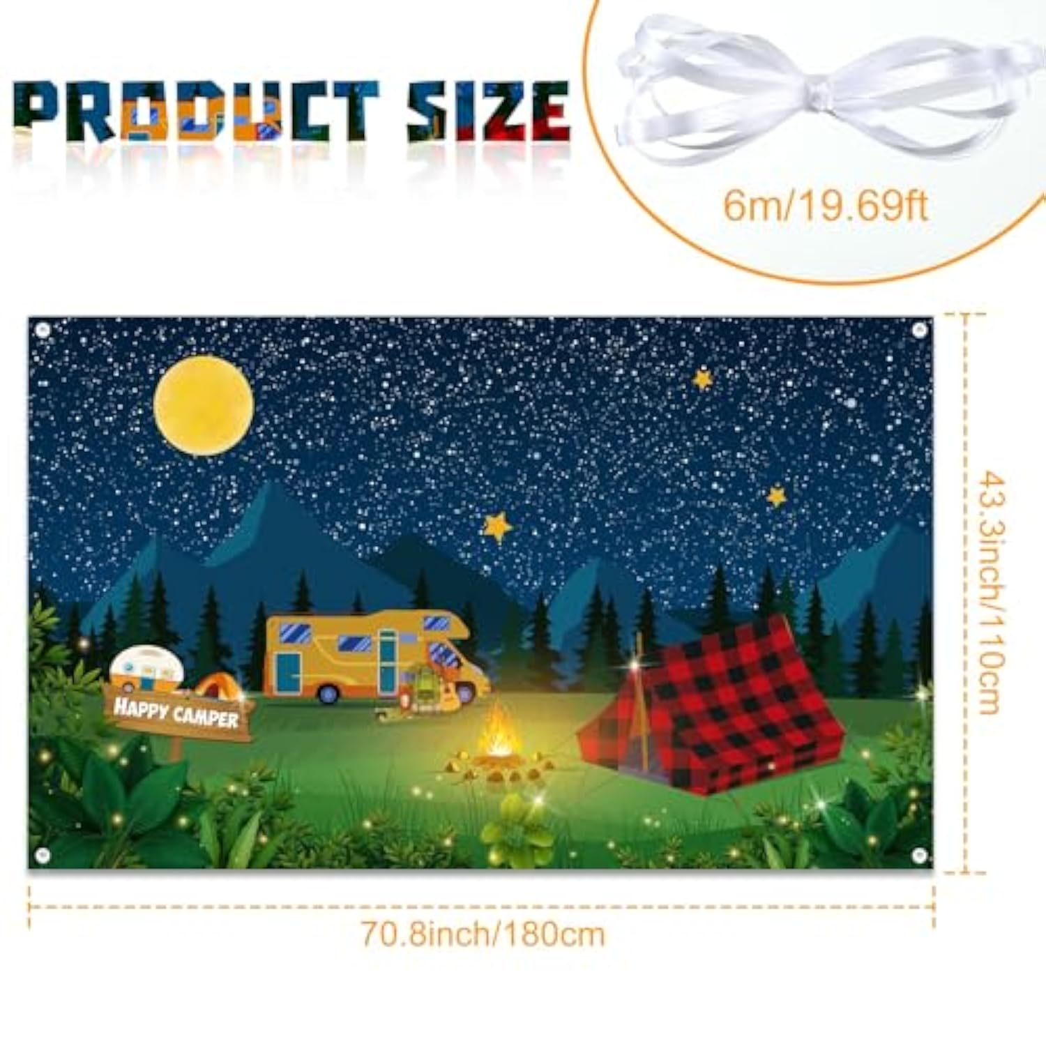 70.8x43.3" Camping Party Backdrop Fake Campfire, Happy Camper Banner & Decor