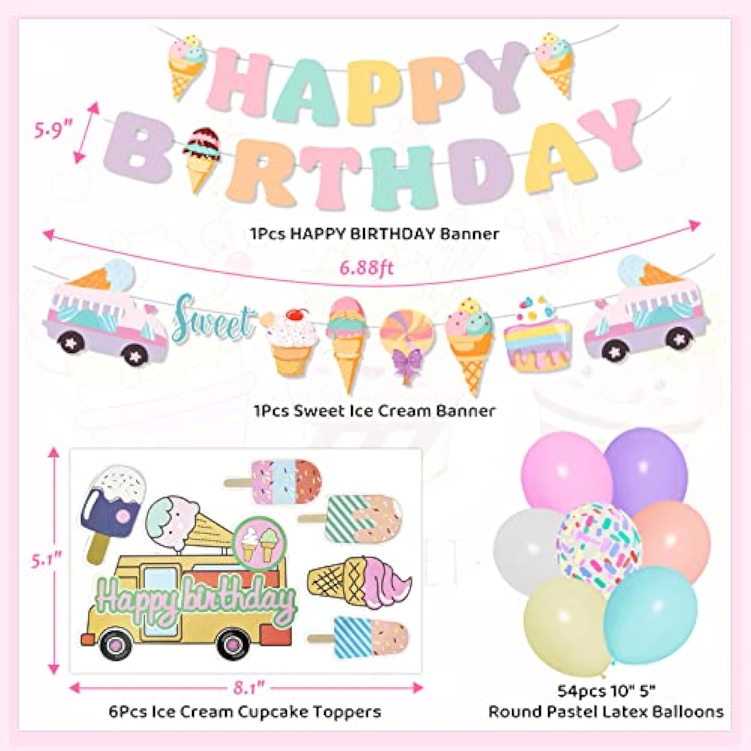 75Pcs Ice Cream Birthday Party Decorations For Girls Kids, Pastel Ice Cream Balloon Garland Arch Kit First Two Sweet Birthday Banner Foil Sprinkle Long Twist Balloons Cupcake Toppers Party Supplies