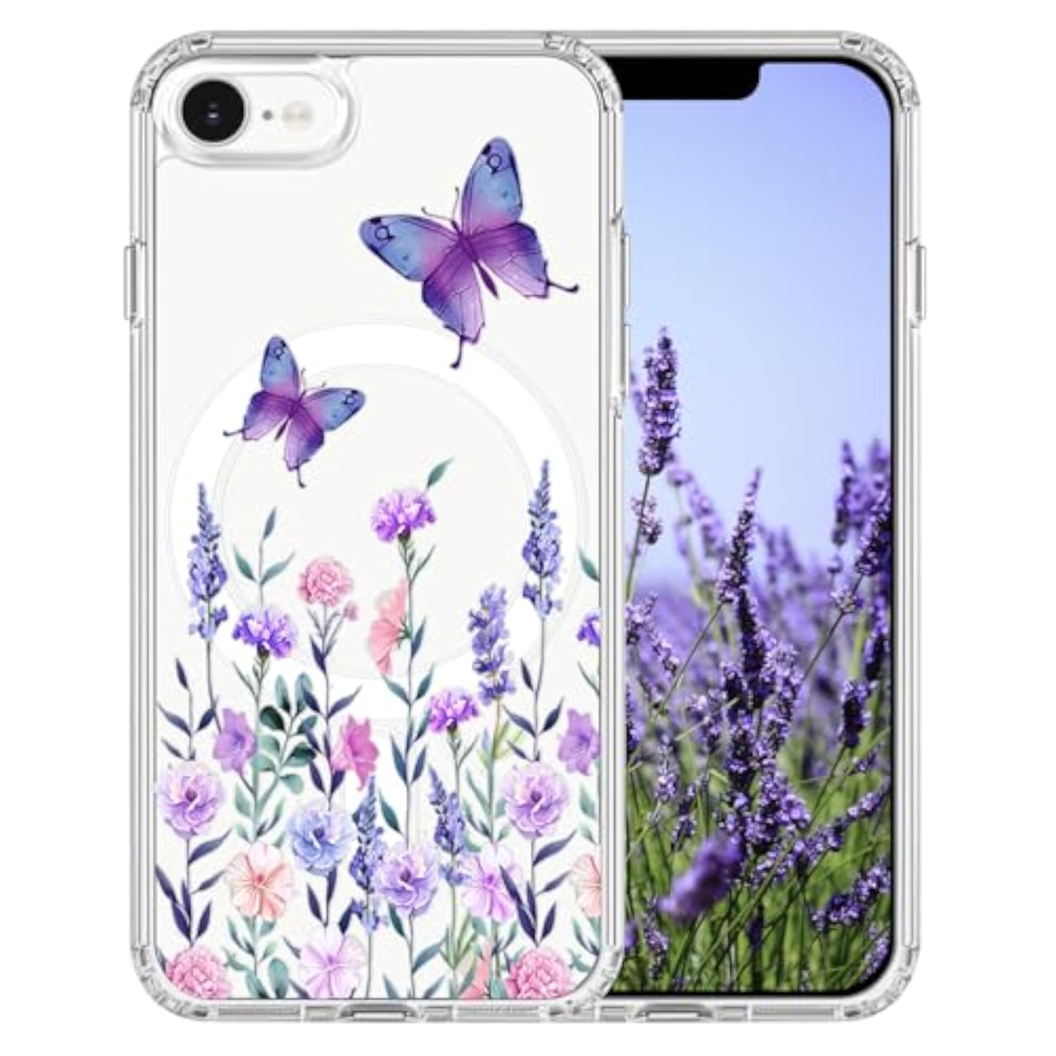 Floral Pattern Clear Shockproof Case for iPhone 16e/17e 6.1" - Compatible with MagSafe, Slim Phone Cover for Women, Girls, Butterfly Flower Design, Hard PC Back, Soft TPU Edge, Magnetic Case