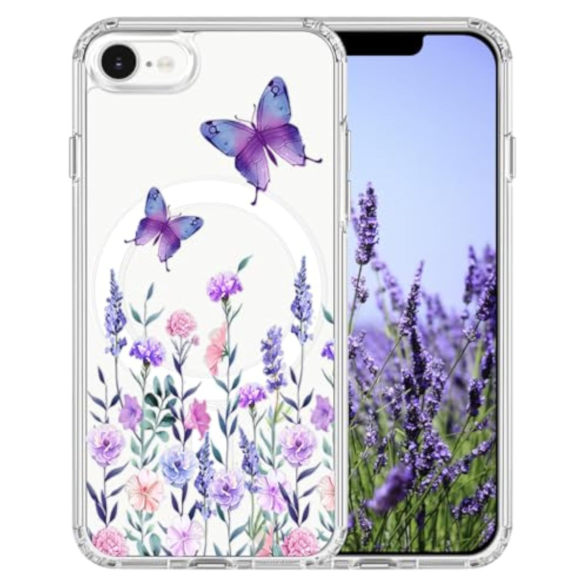 Floral Pattern Clear Shockproof Case for iPhone 16e/17e 6.1" - Compatible with MagSafe, Slim Phone Cover for Women, Girls, Butterfly Flower Design, Hard PC Back, Soft TPU Edge, Magnetic Case