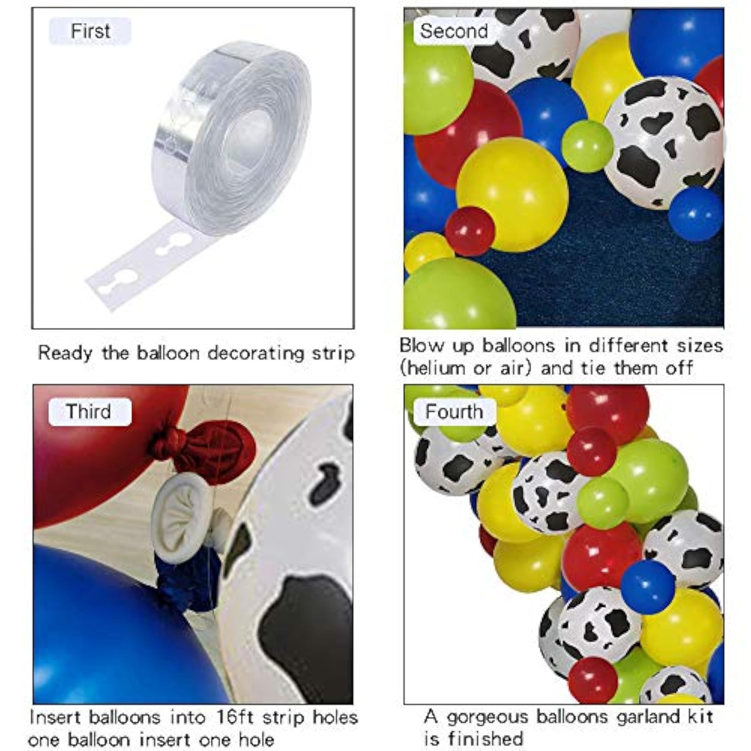 120PCS Toy-Inspired Balloon Arch Kit – Red, Blue, Yellow & Cow Print for Story-Themed Party