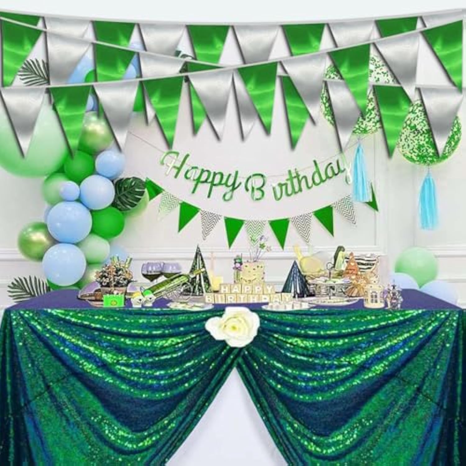 20M/65Ft Green Silver Triangle Pennant Banner Flag Metallic Fabric Bunting Garland For Christmas Graduation Wedding Engagement Anniversary Bachelorette Birthday Bridal Shower Hen Party Supplies