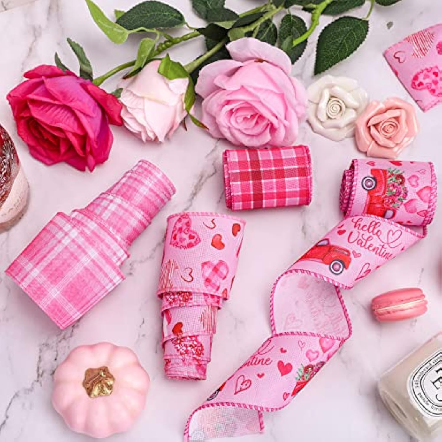 Valentine'S Day Wired Edge Ribbon Heart Truck Buffalo Plaids Fabric Ri