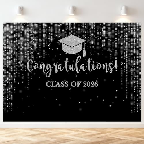 Class of 2026 Backdrop Black Silver Glitter Bokeh Graduation Party Background 2026 Congrats Grad Prom Party Cake Table Decoration Photo Booth Props (7x5ft)