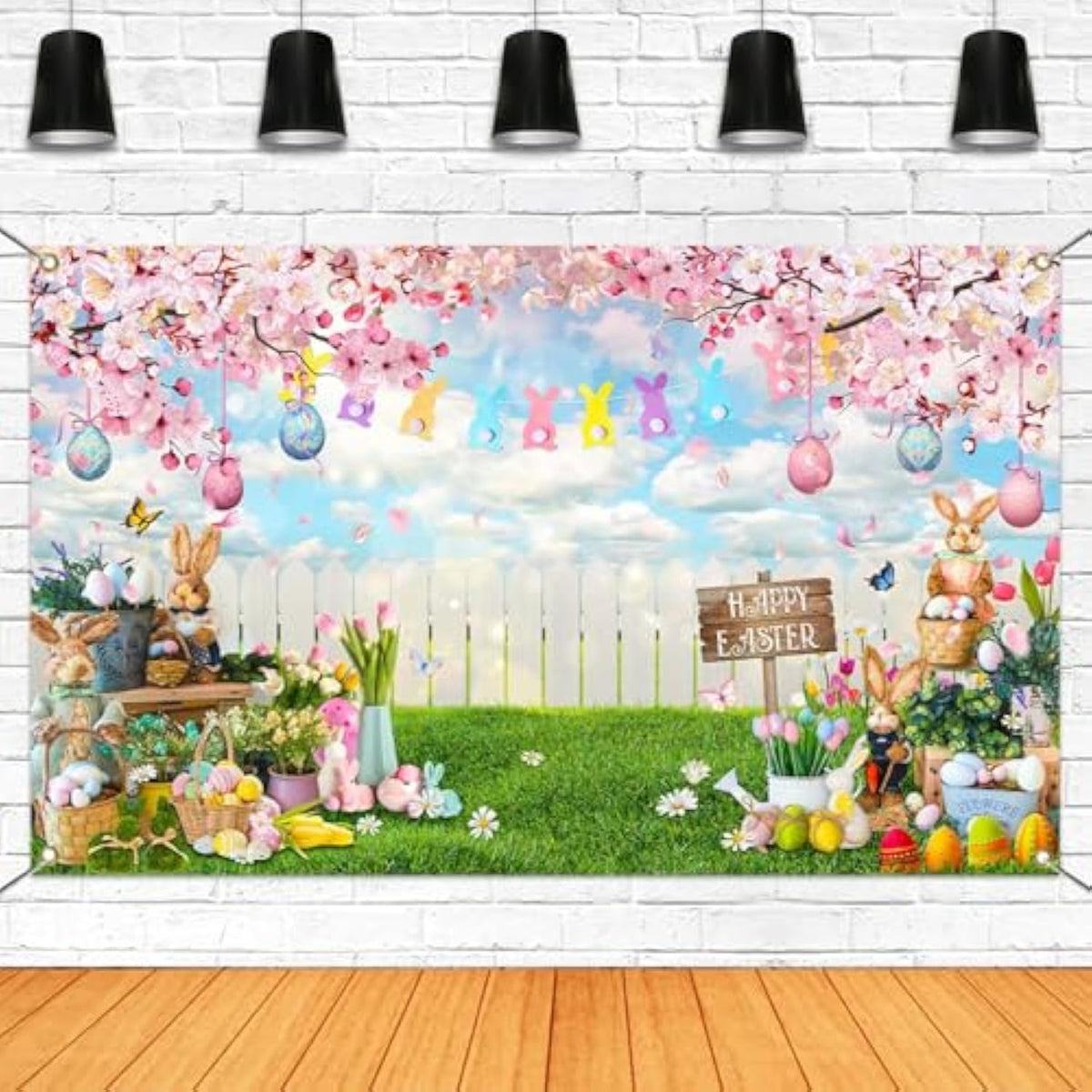 Happy Easter Backdrop Hello Spring Party Decorations Banner Easter Eggs Rabbit Grass For Festival Party Photography Background Supplies (Pink, 70.8 X 43.3 Inch)
