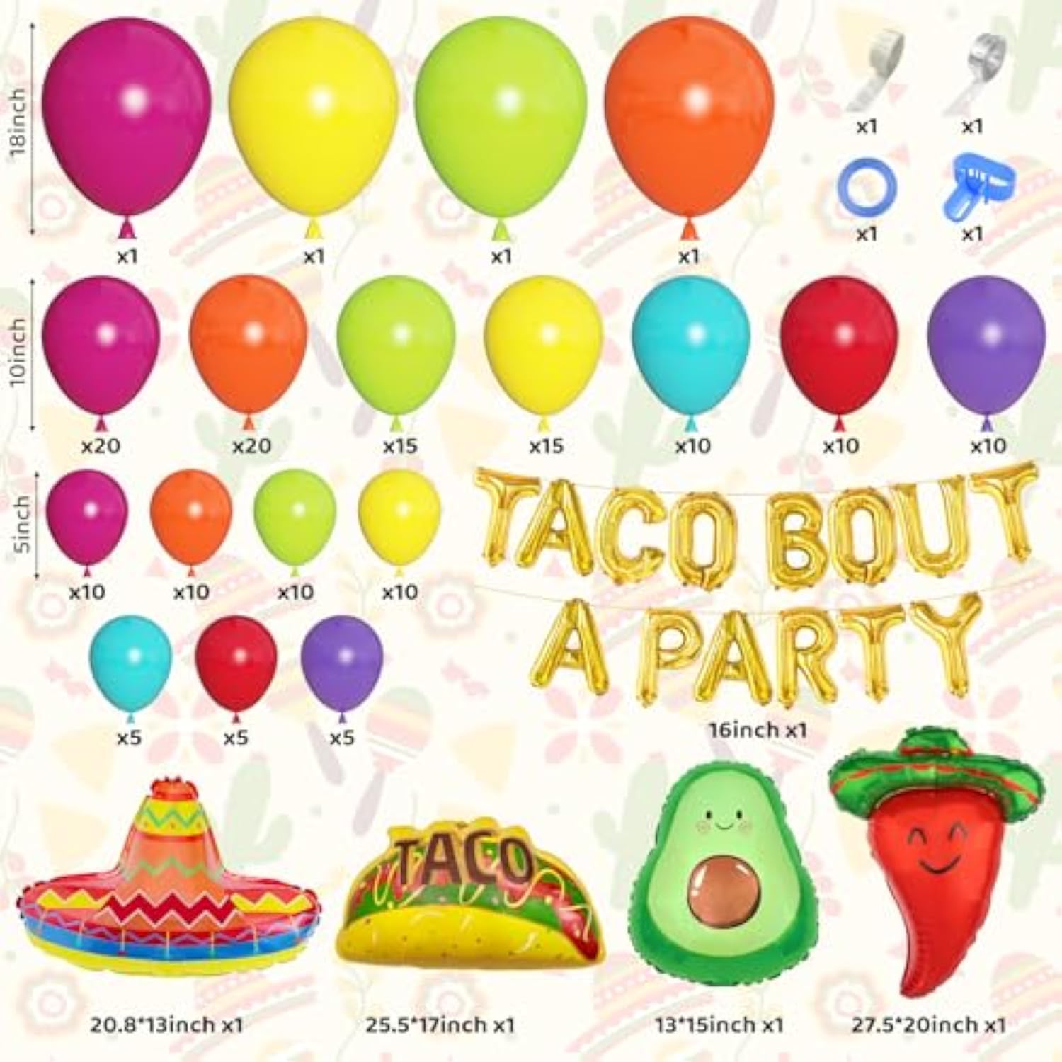 169Pcs Mexican Fiesta Party Decorations, Fiesta Balloon Garland Arch Kit Cactus Chili Avocado Mexican Themed Balloons For Cinco De Mayo Carnival Birthday Party Taco Bout Decoration