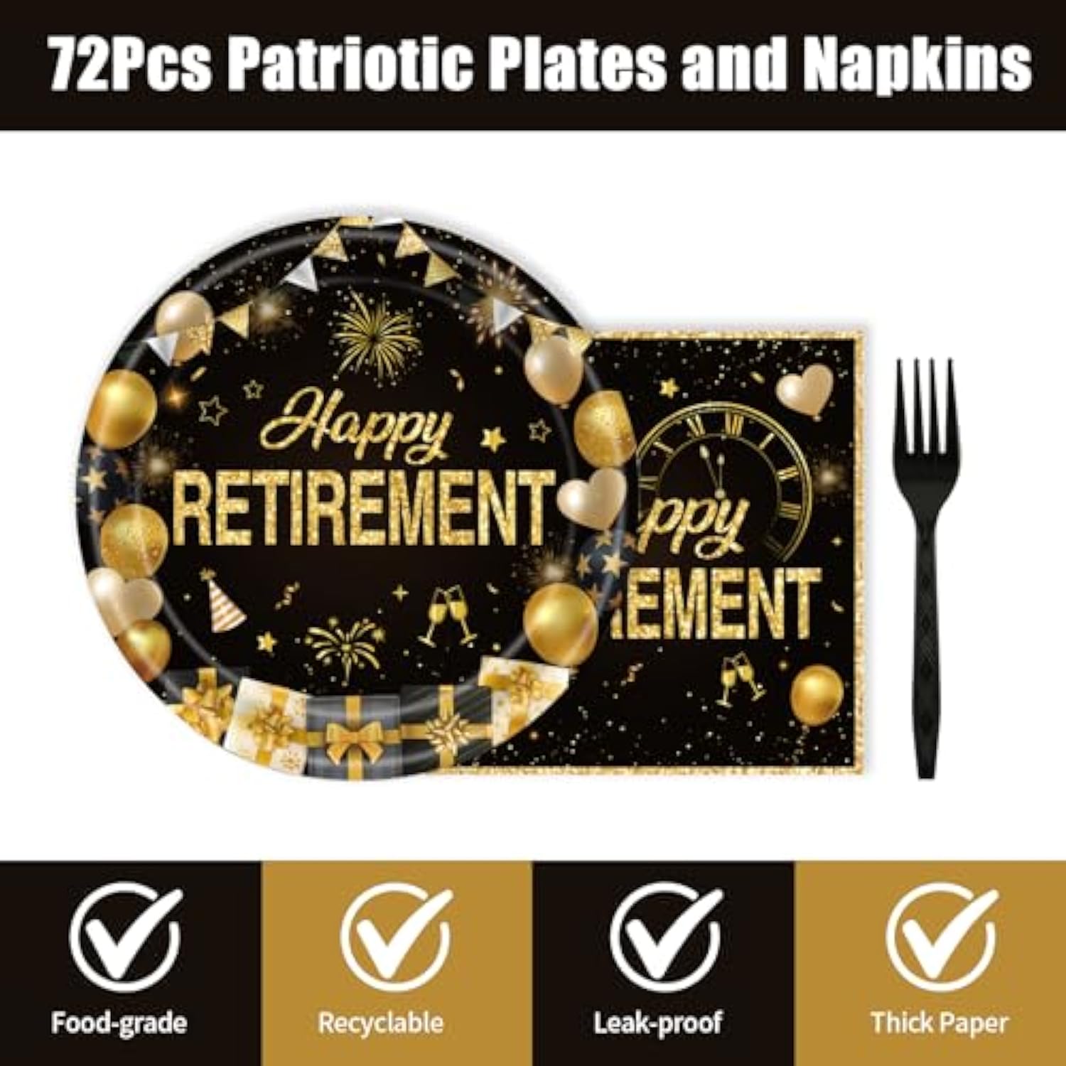 72Pcs Retirement Plates And Napkins, Black Gold Happy Retirement Party Decorations Paper Plates And Napkins With Forks Disposable Tableware Set For Men Women