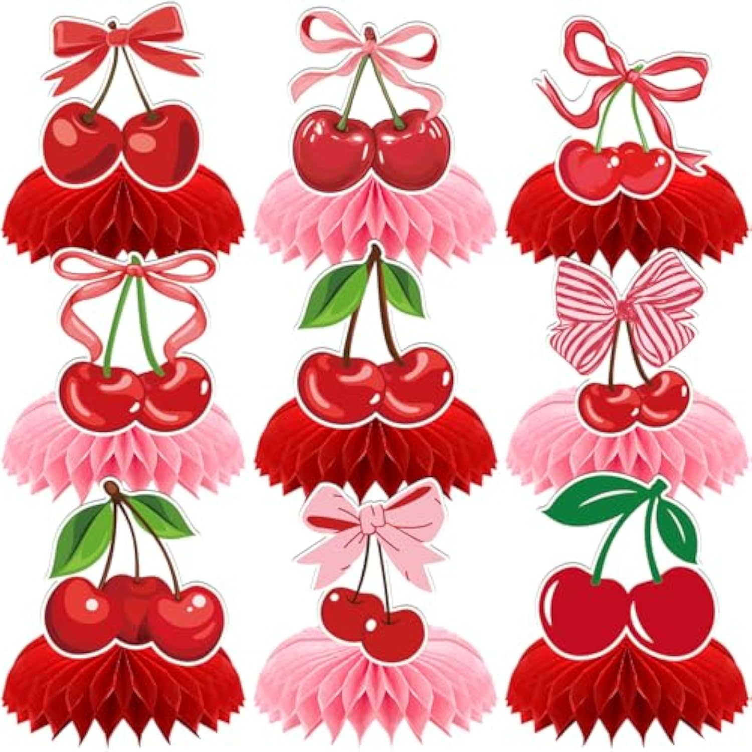 Cherry Birthday Party Decorations - 9 Pcs Pink Bow Honeycomb Centerpieces For Girls Women Sweet Cherries Table Ornaments Sets Happy Paper Fruit Theme Supplies Red Coquette Display Decors
