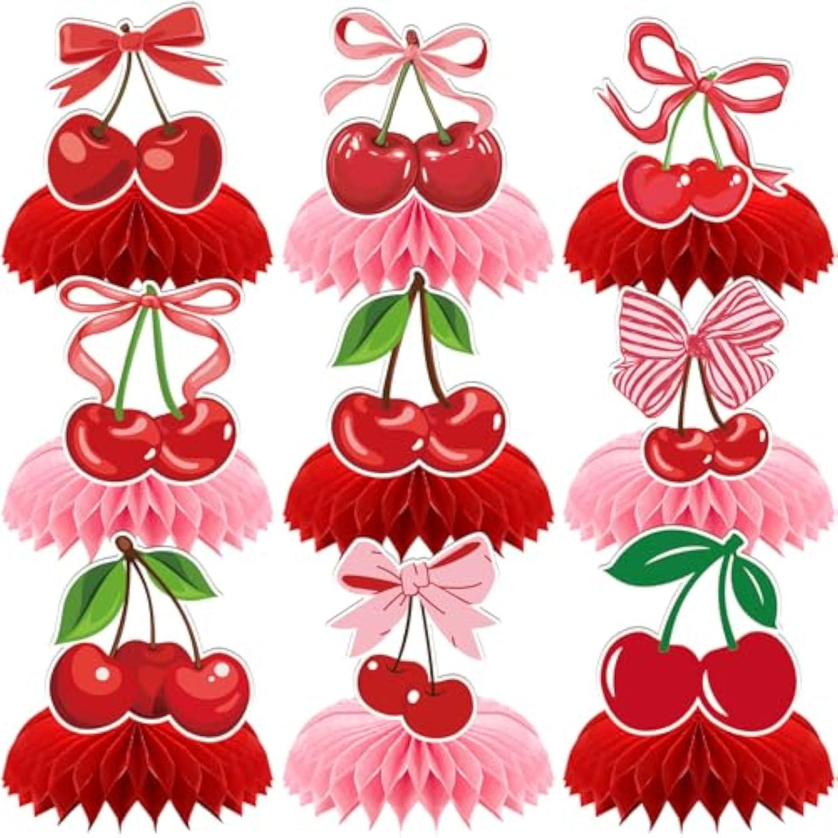 Cherry Birthday Party Decorations - 9 Pcs Pink Bow Honeycomb Centerpieces For Girls Women Sweet Cherries Table Ornaments Sets Happy Paper Fruit Theme Supplies Red Coquette Display Decors