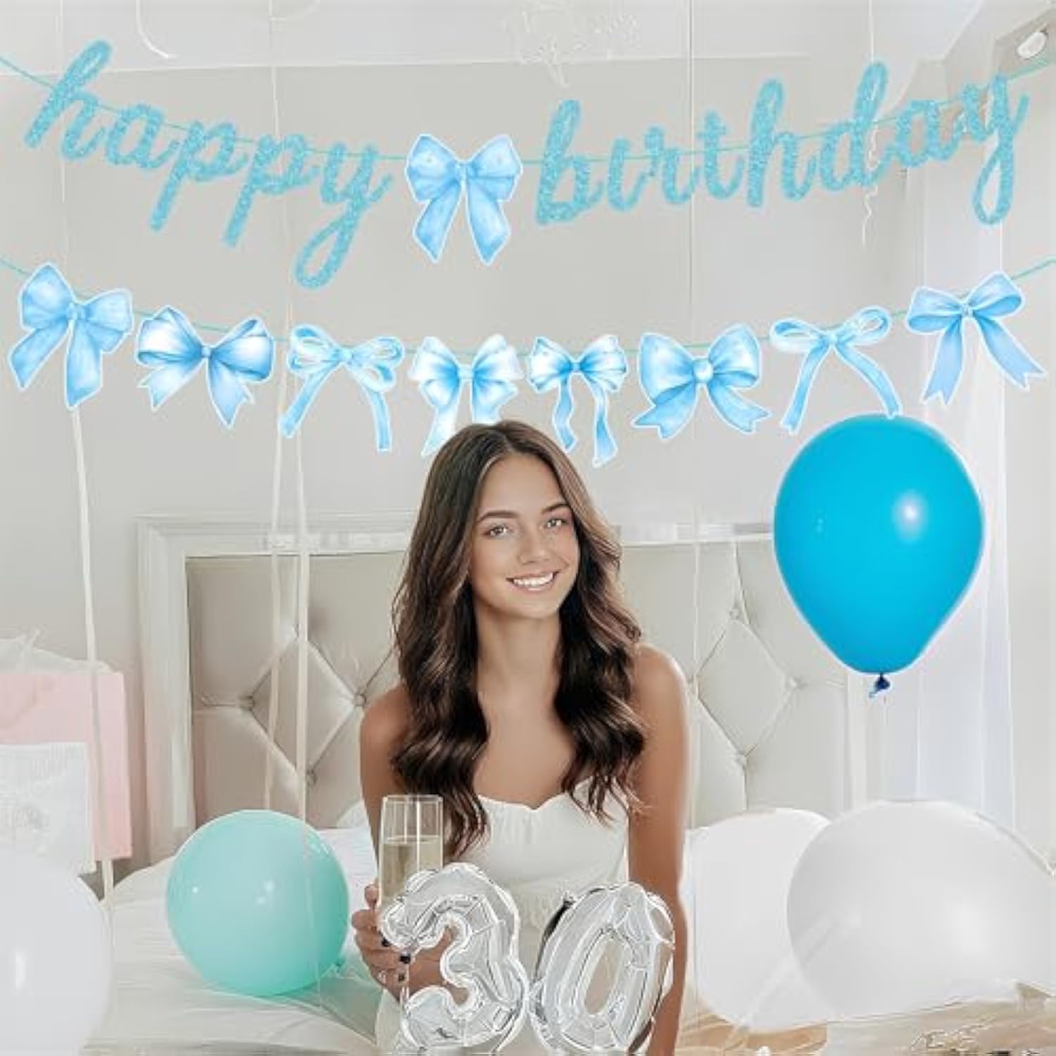 Blue Bow Happy Birthday Banner With Bow Garland For Baby Shower Girls Women Blue Bow Themed Coquette Birthday Party Decorations