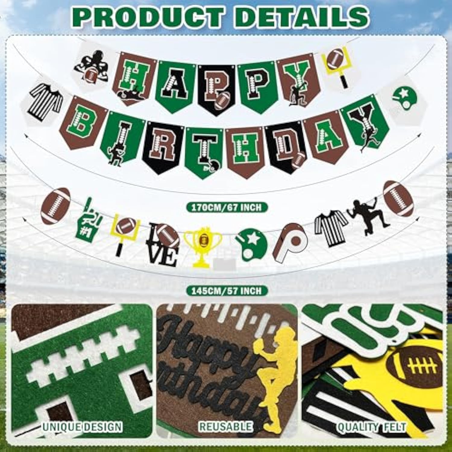 Superbowl Party Decorations Football Birthday Decorations Sports Party Supplies Set (Birthday Banner Paper Pom Poms Cake Toppers Lanterns Balloons) (Football-01)