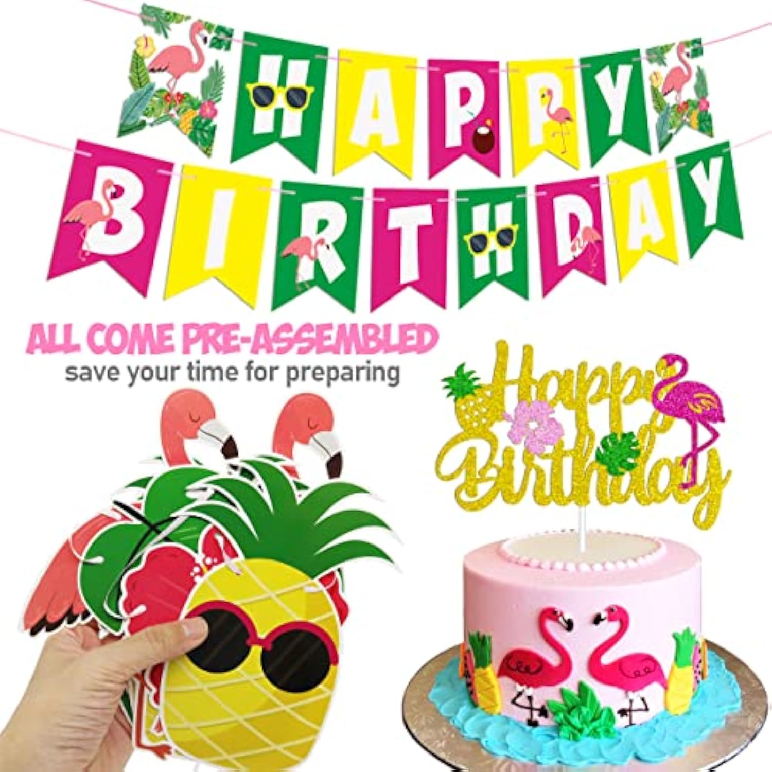 Hawaiian Flamingo Aloha Birthday Party Decorations Pack For Luau Summer Pool Aloha Tropical Pineapple Beach Themed Bday Party Supplies - Includes Glitter Cake Topper Banners And Balloons