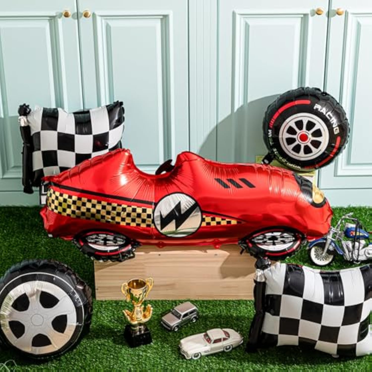 8 Pcs Race Car Balloons Including Large 43 Inch Red Racing And Wheel Tire And Checkered Flag Foil Balloons For Baby Shower Two Fast Speedy Car Themed Birthday Party Decorations Supplies