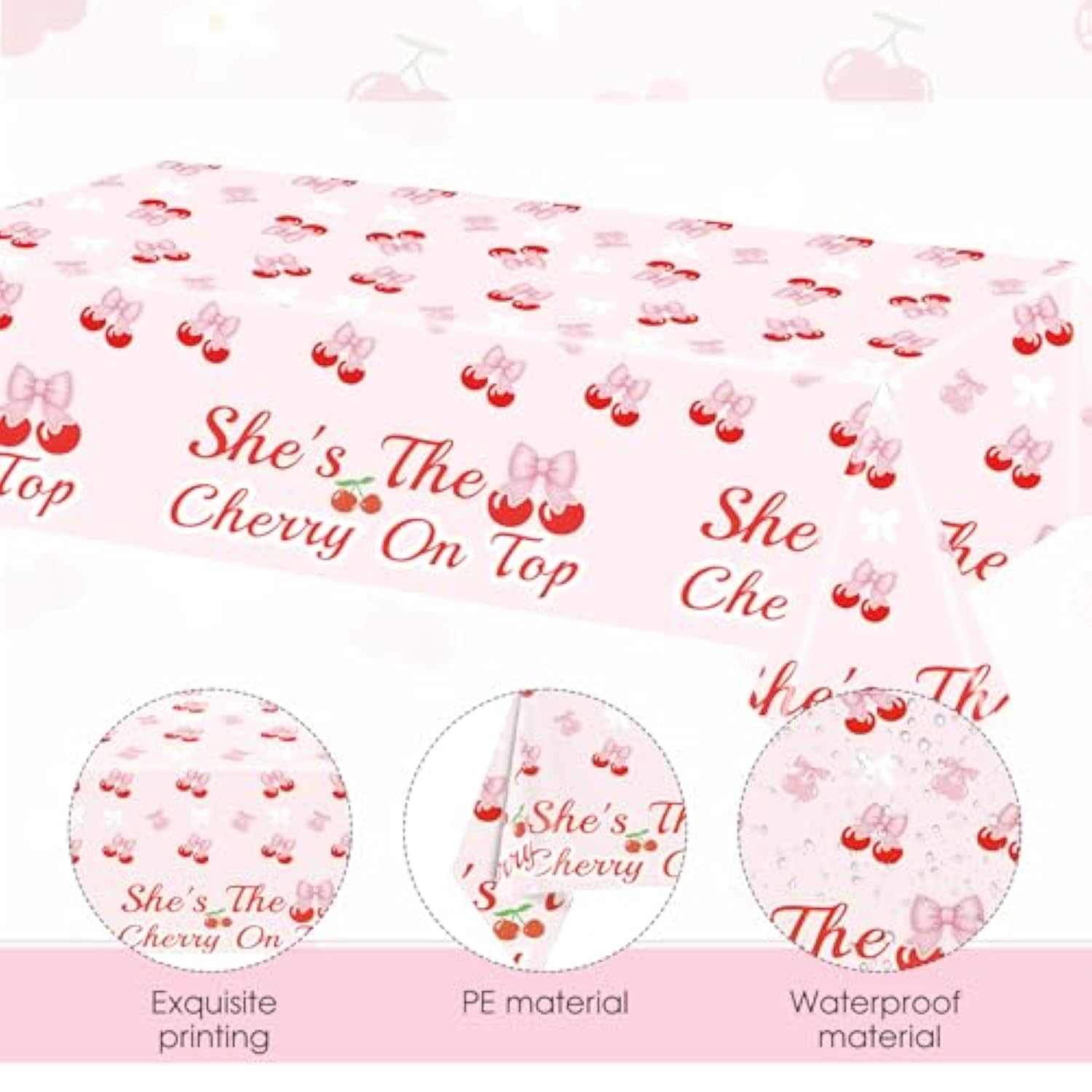3Pcs Pink Bow Cherry Table Cloths Cherry Birthday Decorations 52.5?×70?Disposable Waterproof Rectangle Bow Tablecloth For Birthday Baby Shower Wedding Bridal She'S The Cherry On Top Decor