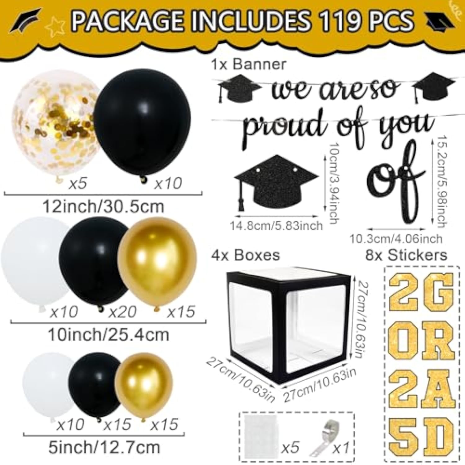 119pcs Class of 2025 Grad Decor – Balloon Boxes, Arch Kit, Banner & More