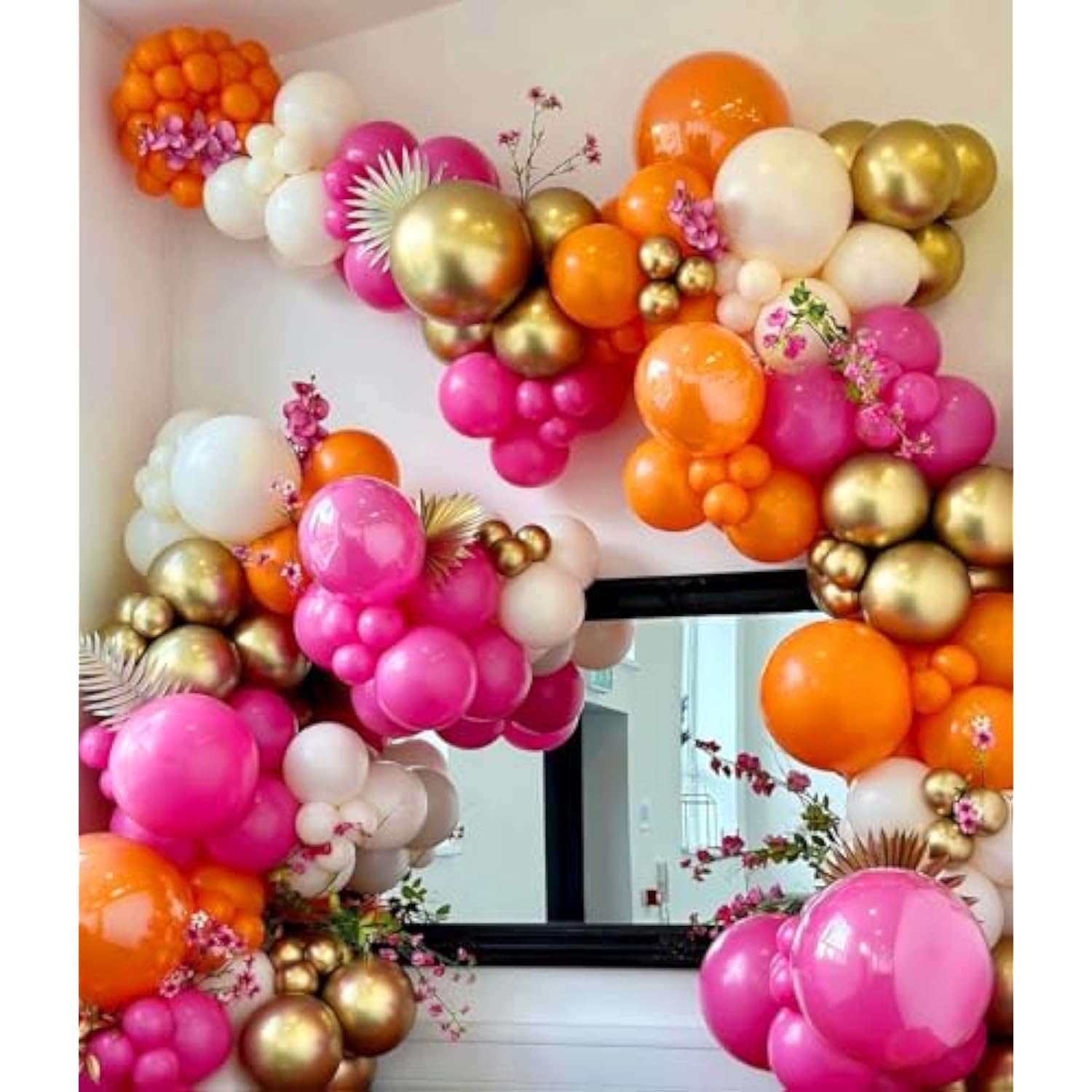 203Pcs Pink Orange Balloon Garland Arch Kit, Hot Pink Orange Metallic Gold Latex Balloons For Tropical Engagement Bridal Shower Bachelorette Birthday Party Balloons Decorations