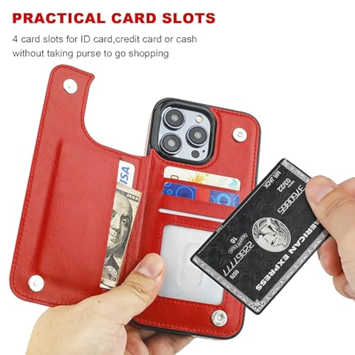 Red iPhone 15 Pro Max Wallet Case with Credit Card Holder