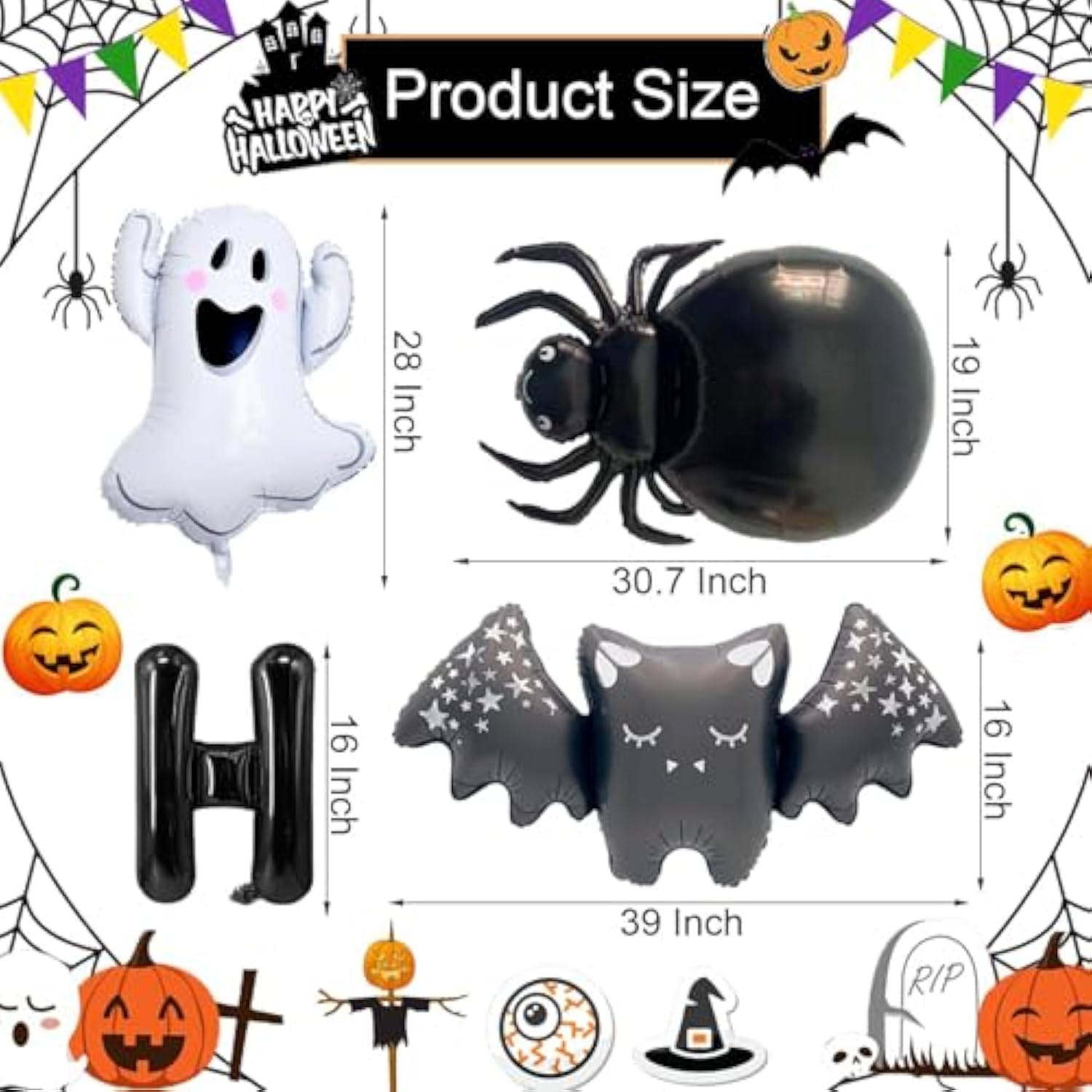 17pcs Halloween Balloons Black Foil Ghost Spider Bat Balloons Spooky Trick or Treat Decor