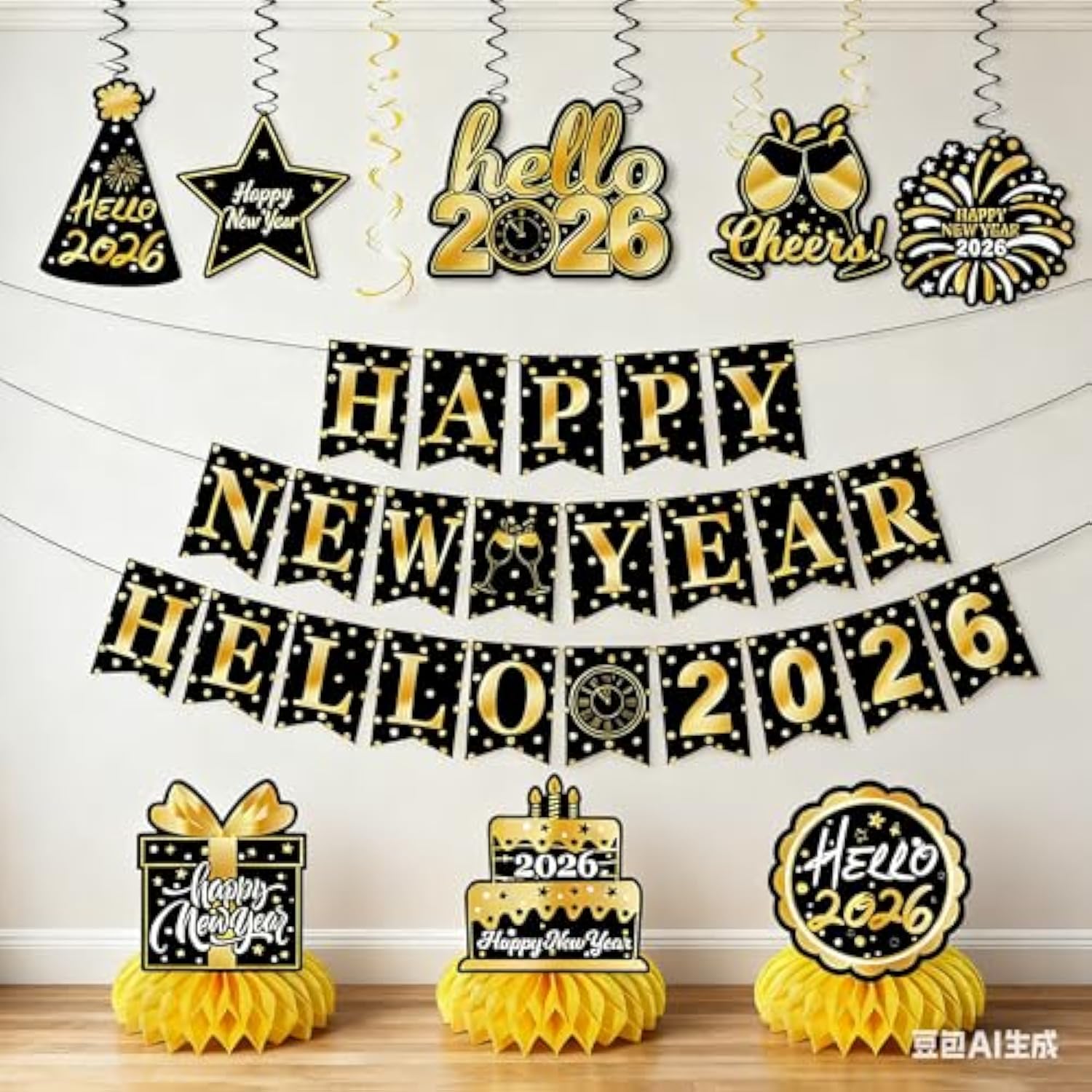 New Year 2026 Banner Hanging Swirls Honeycomb Party Decor