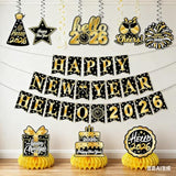 New Year 2026 Banner Hanging Swirls Honeycomb Party Decor