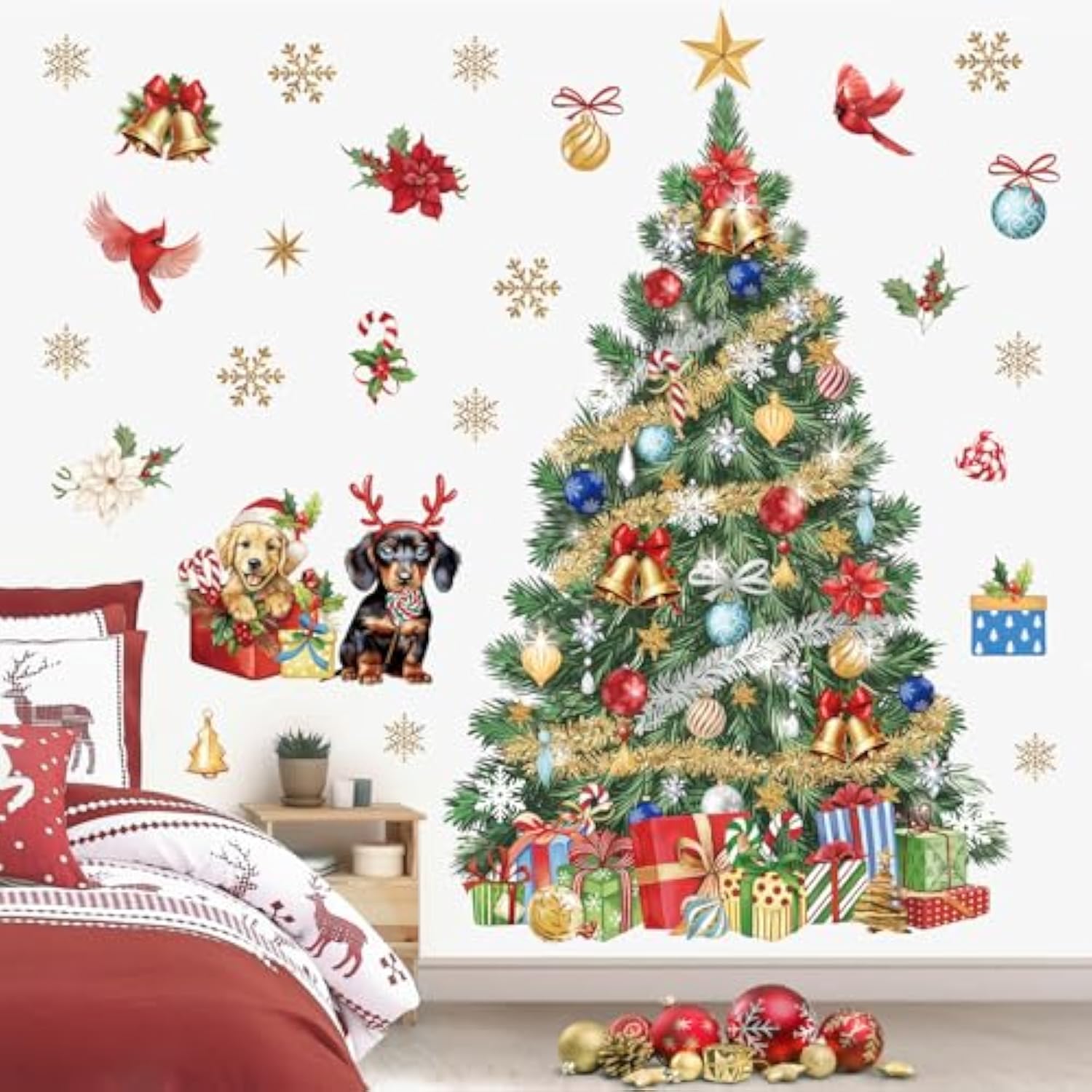 Large Christmas Tree Wall Stickers Evergreen Tree Christmas Flowers Dogs Cardinal Birds Window Wall Art Decals For Christmas Party Window Xmas Home Party