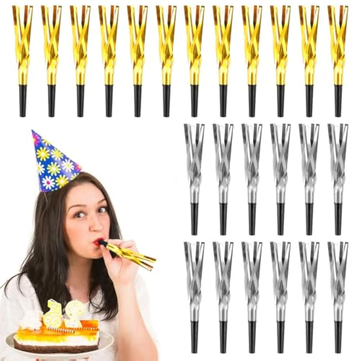 24 Pc Gold Silver New Year Noise Makers Blowers and Party Horns