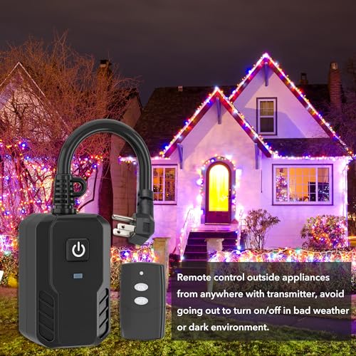 Outdoor Remote Control Outlet Plug Black,Indoor Wireless Outlet Switch Weatherproof Heavy Duty 15A 3-Prong 6-Inch Cord 100Ft Range (Battery Included)