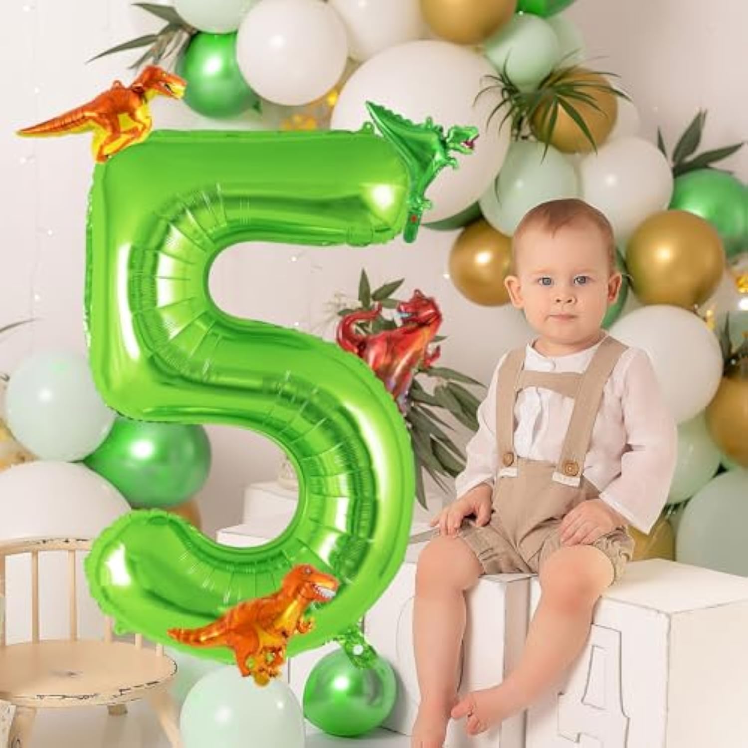40" Green Number 5 Balloon with Mini Dinosaur Balloons 5th Birthday Decor
