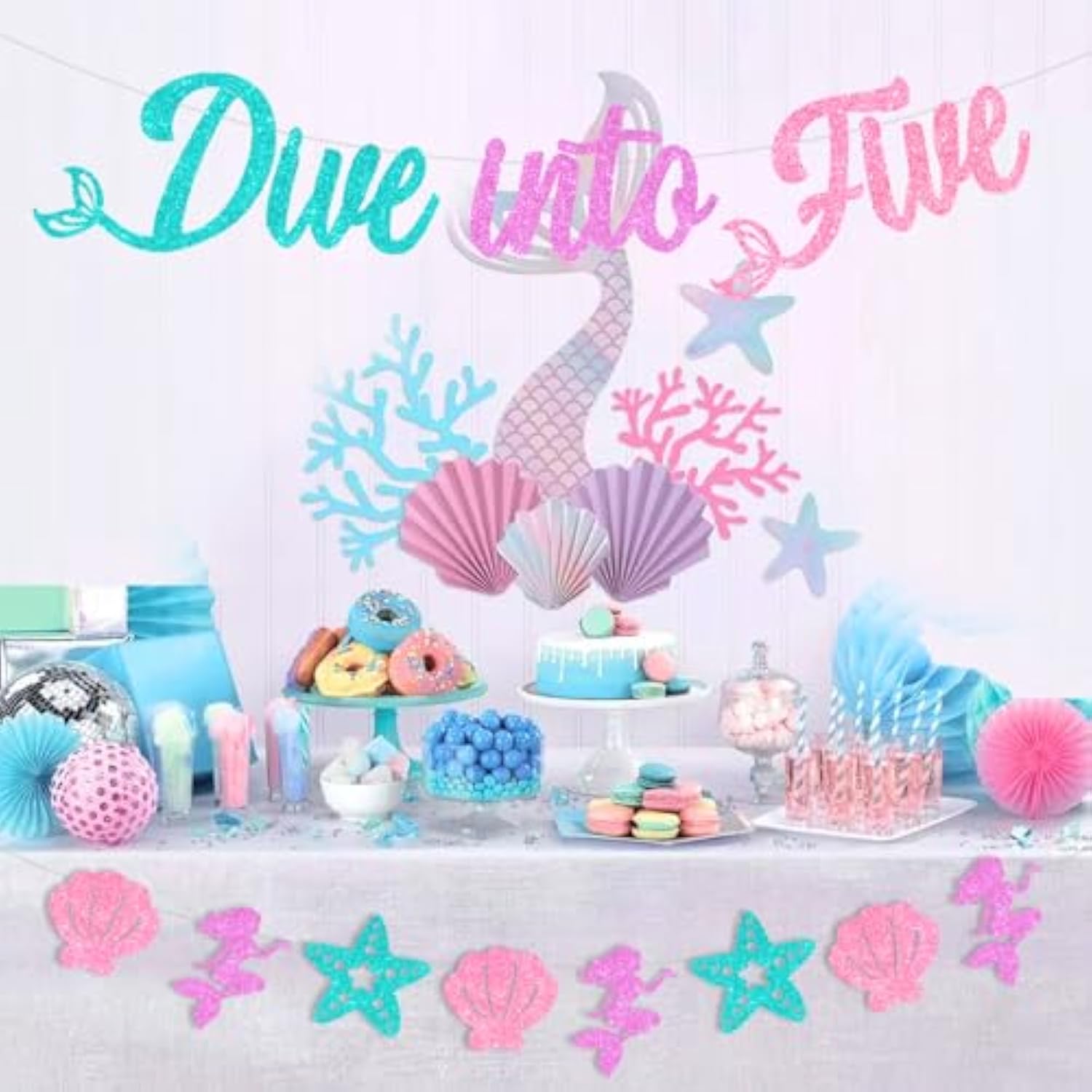 Mermaid 5Th Birthday Decorations, Dive Into Five Banner, Mermaid Birthday Banner Kit, Under The Sea Ocean 5 Years Old Bday Party Supplies For Girls