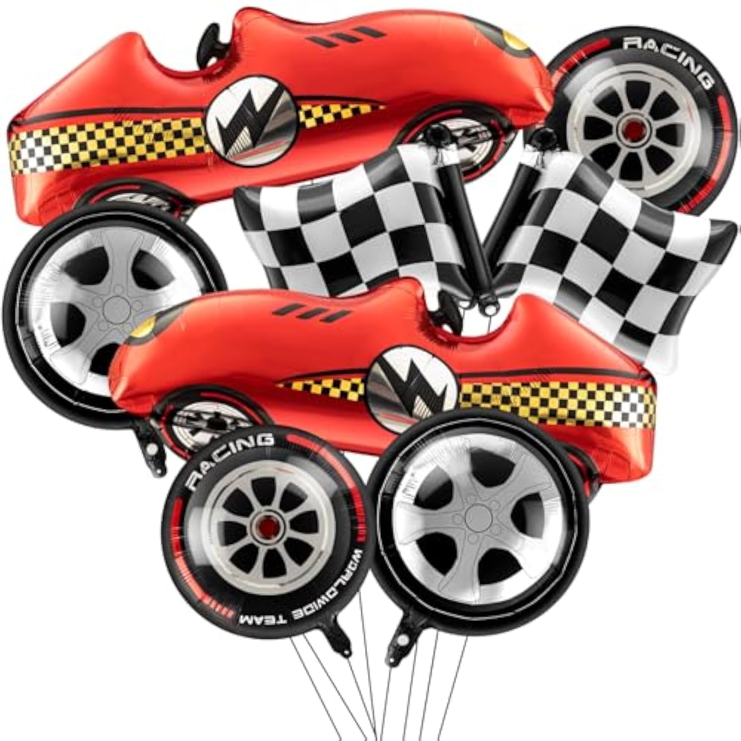 8 Pcs Race Car Balloons Including Large 43 Inch Red Racing And Wheel Tire And Checkered Flag Foil Balloons For Baby Shower Two Fast Speedy Car Themed Birthday Party Decorations Supplies
