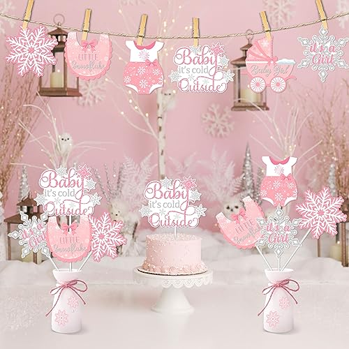 24pcs Winter Snowflake Baby It's Cold Outside Centerpieces Sticks Baby Shower Decorations for Girl, Pink White Little Snowflake It's A Girl Table Toppers Gender Reveal Party Supplies
