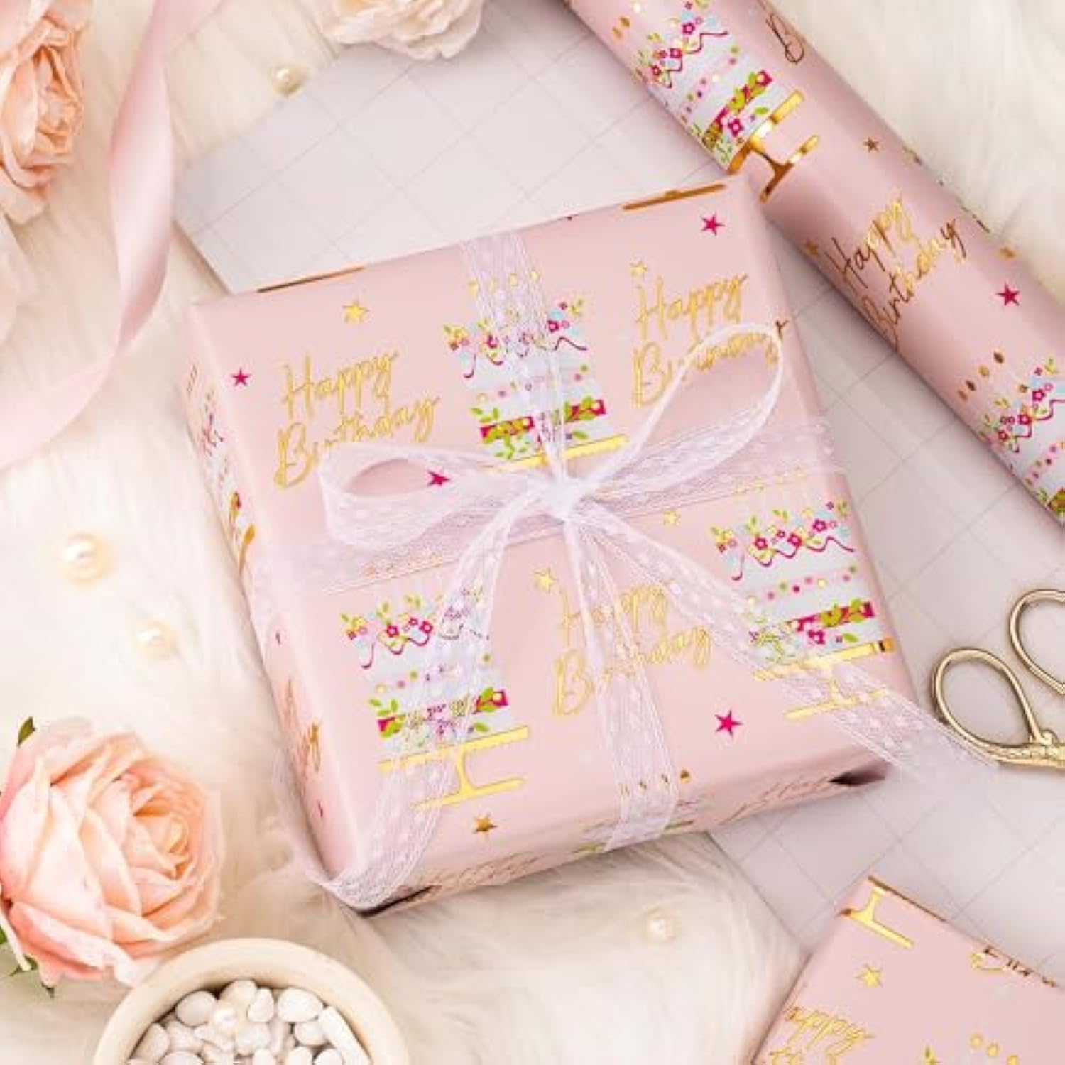 Birthday Cake Wrapping Paper Roll - 17 Inch X 33 Ft - Celebration Cake Design Paper Fun Candle Print W/Gold Shine Birthday Party Theme Gift Wrap Pastel For Wedding, Bridal Shower & Holiday