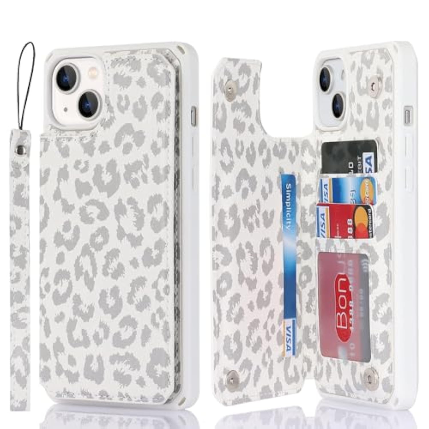 Compatible With Iphone 13 Case With Card Holder, For Iphone 13 Wallet Case For Women Men, Stand And Strap,Leopard Grain Shockproof Protective-White