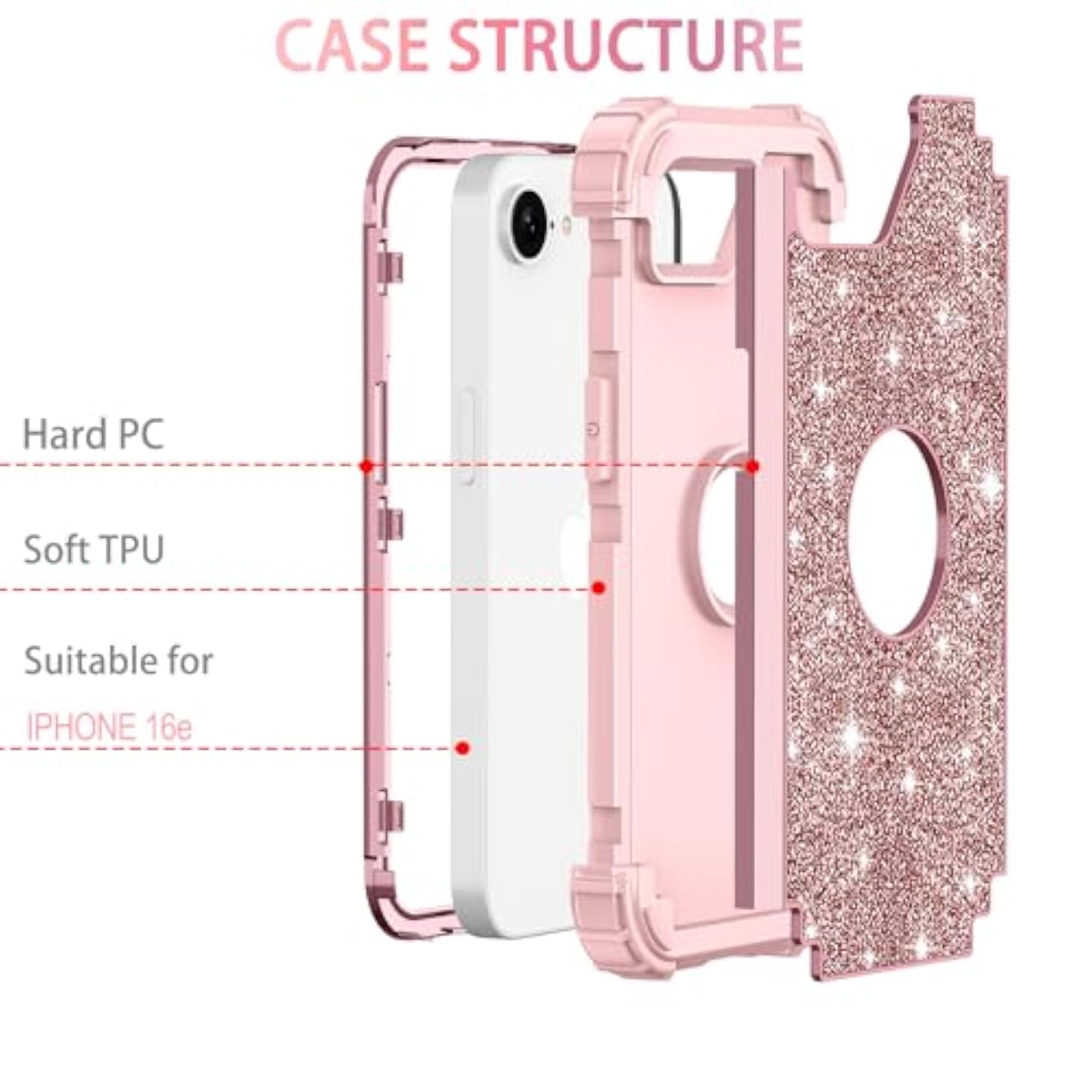 For Iphone 16E Case Glitter Sparkly Bling 3 In 1 Shockproof Heavy Duty Hybrid Sturdy High Impact Protective Cover Case For Iphone 16E 6.1 Inch 2025,Rose Gold