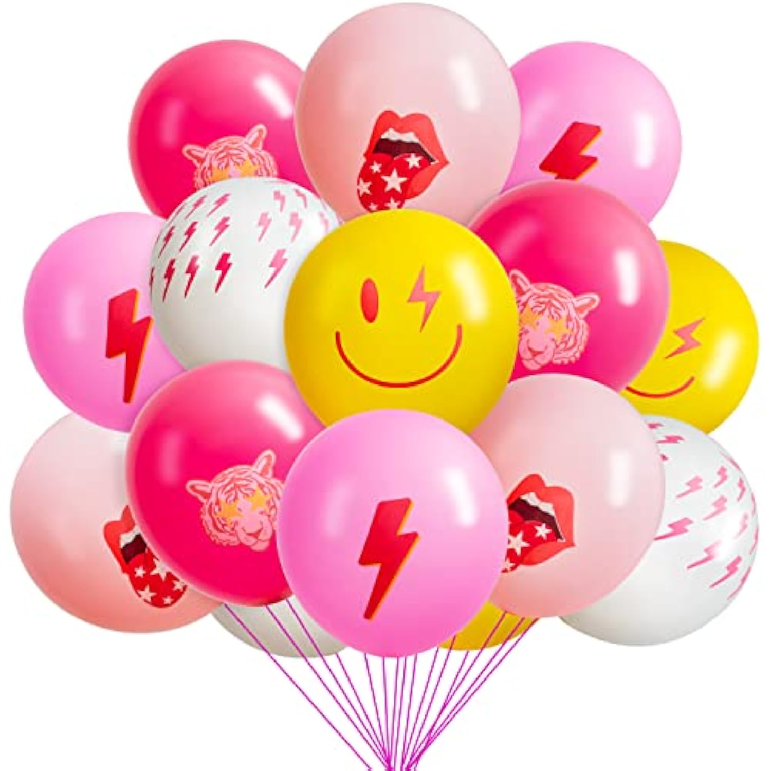50Pcs Preppy Y2K Hot Pink Party Balloons Smile Face Lightning 12Inch Latex Balloon With Ribbon Retro Decoration Supplies For Teen Girls Birthday Bachelorette Early 2000S Theme Party