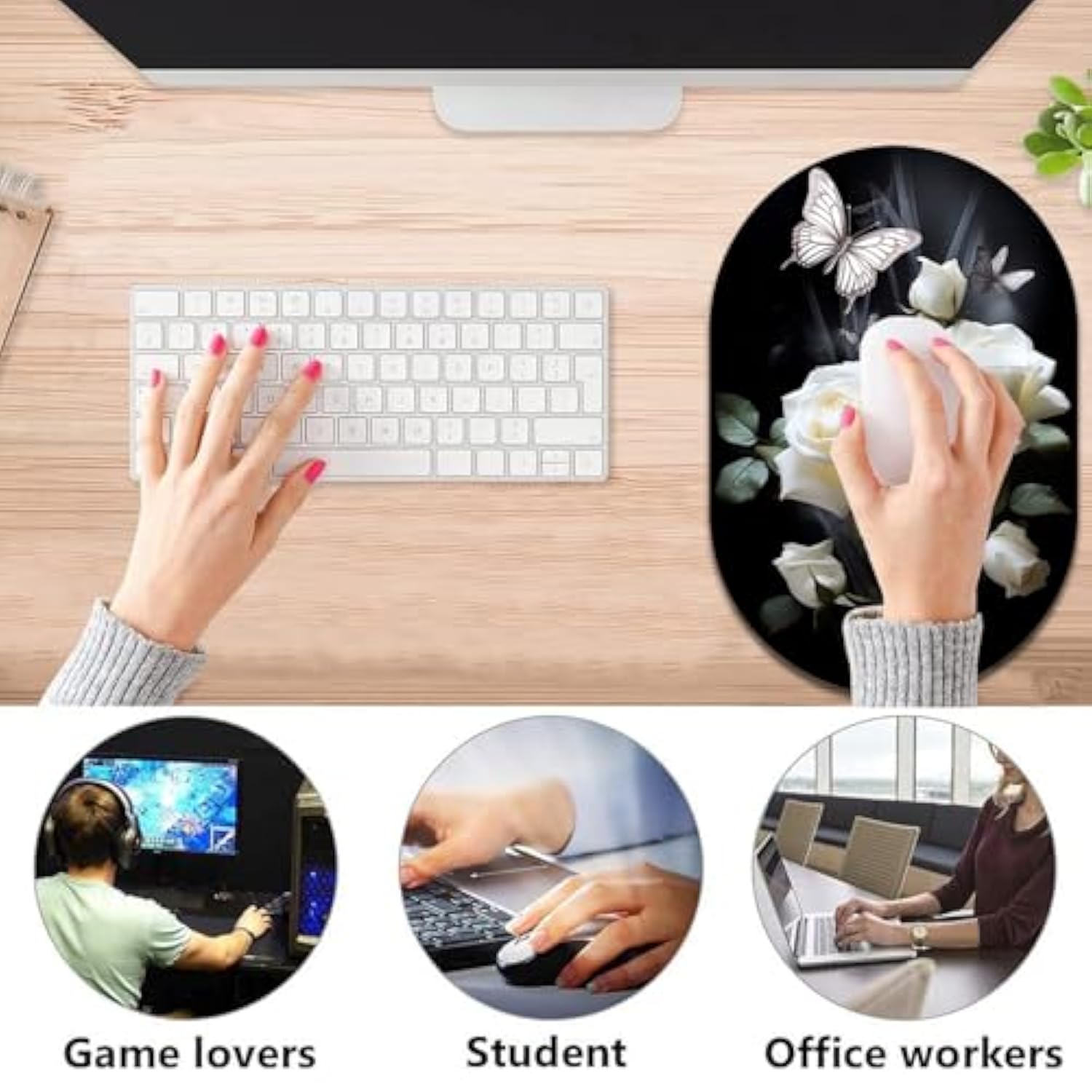 Mouse Pad, Computer Mouse Pad, Portable Office Non-Slip Rubber Base Wireless Mouse Pad, Laptop, Games, Office And Home, La Rose Blanche