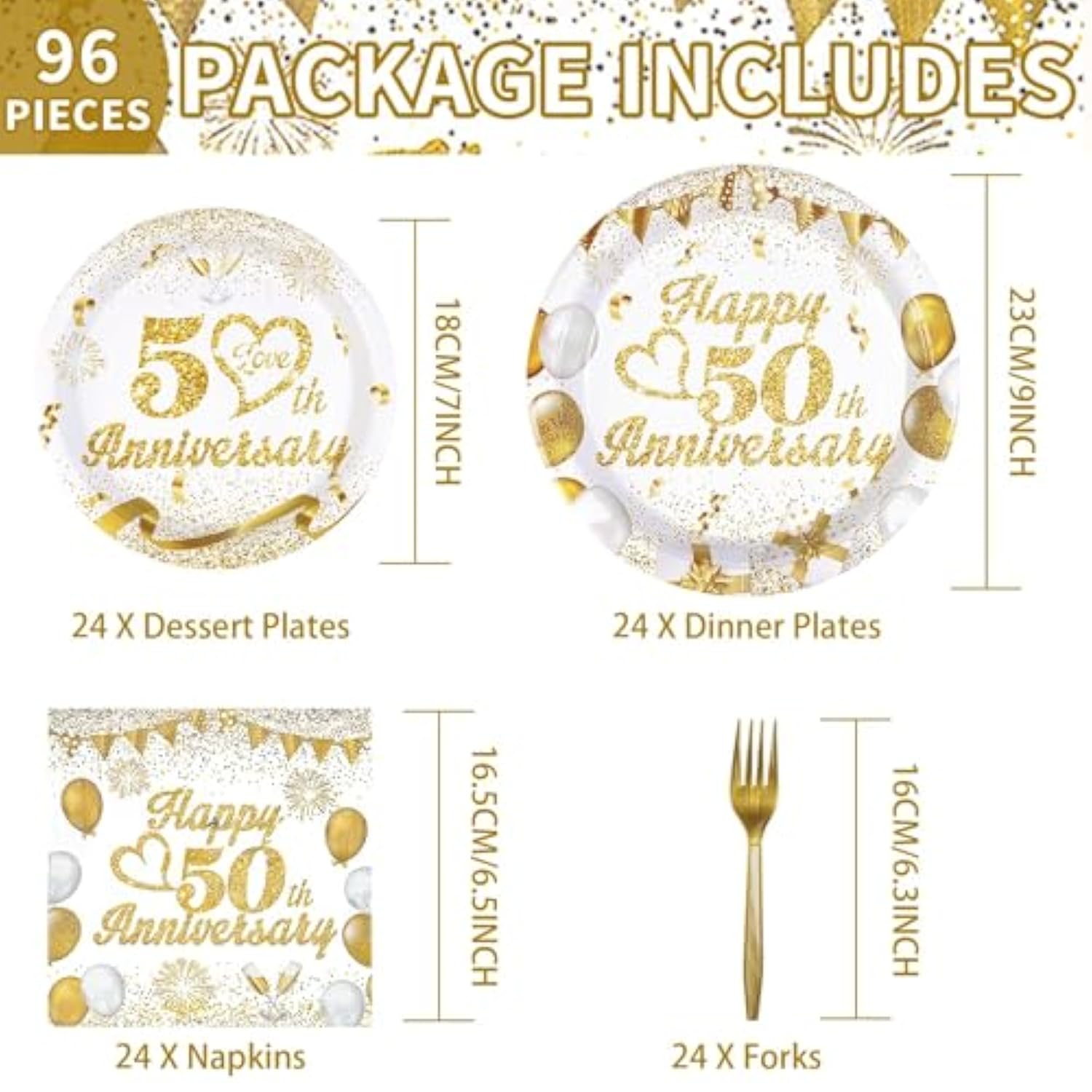 96Pcs 50Th Wedding Anniversary Decorations,Golden 50Th Anniversary Party Plates And Napkins,White And Gold Paper Tableware Set Party Supplies Party Favors For Men Women,Serve 24