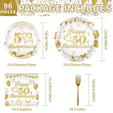 96Pcs 50Th Wedding Anniversary Decorations,Golden 50Th Anniversary Party Plates And Napkins,White And Gold Paper Tableware Set Party Supplies Party Favors For Men Women,Serve 24