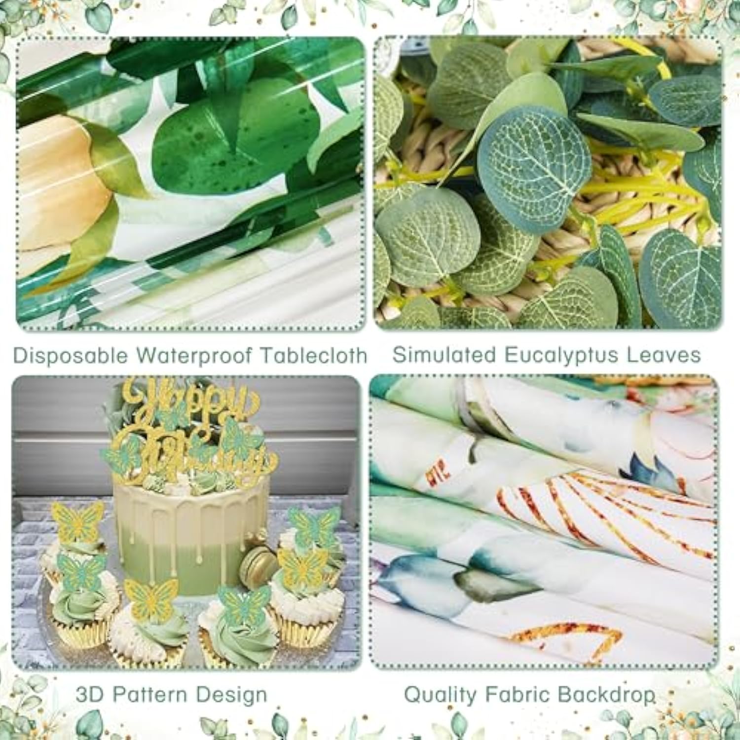 Sage Green Birthday Party Decoration Supplies For Boys Girls - Happy Birthday Backdrop, Tablecloth, Balloon Arch, Butterfly Stickers - Women Adult Decor, Neutral Baby Shower