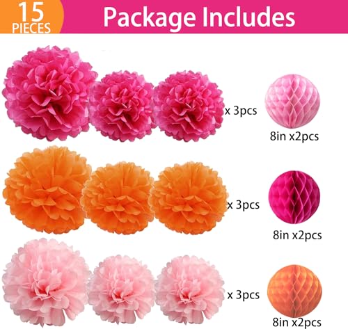 15PCS Hot Pink Orange Party Decorations Tissue Paper Flowers Pom Poms Honeycomb for Girl Groovy Birthday Baby Shower Wedding Bachelorette Summer Flamingo Party Nursery Wall Hanging Décor