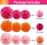 15PCS Hot Pink Orange Party Decorations Tissue Paper Flowers Pom Poms Honeycomb for Girl Groovy Birthday Baby Shower Wedding Bachelorette Summer Flamingo Party Nursery Wall Hanging Décor