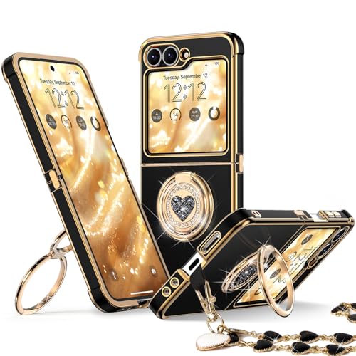 for  Galaxy Z Flip 6 case with Stand,Z Flip 5 Phone Case with Double Ring & Strap,Women Girls Cute Love-Heart Luxury Bling Protective Cover