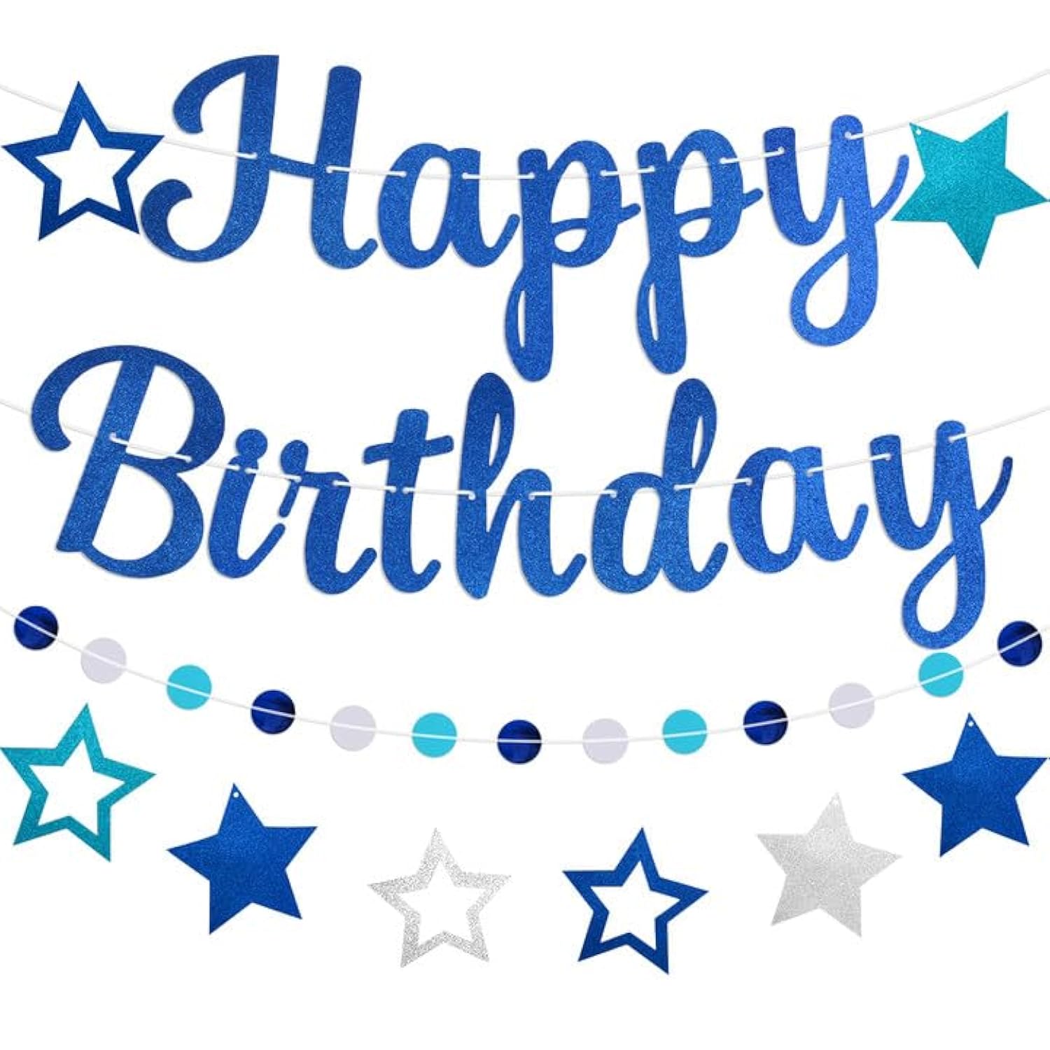 Pre-Strung Happy Birthday Banner, No Diy Birthday Decorations With Circle Dot Garland And Stars, Happy Birthday Party Decorations For Boys Men Girls Women (Blue)