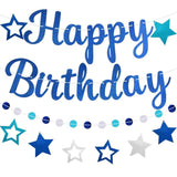 Pre-Strung Happy Birthday Banner, No Diy Birthday Decorations With Circle Dot Garland And Stars, Happy Birthday Party Decorations For Boys Men Girls Women (Blue)