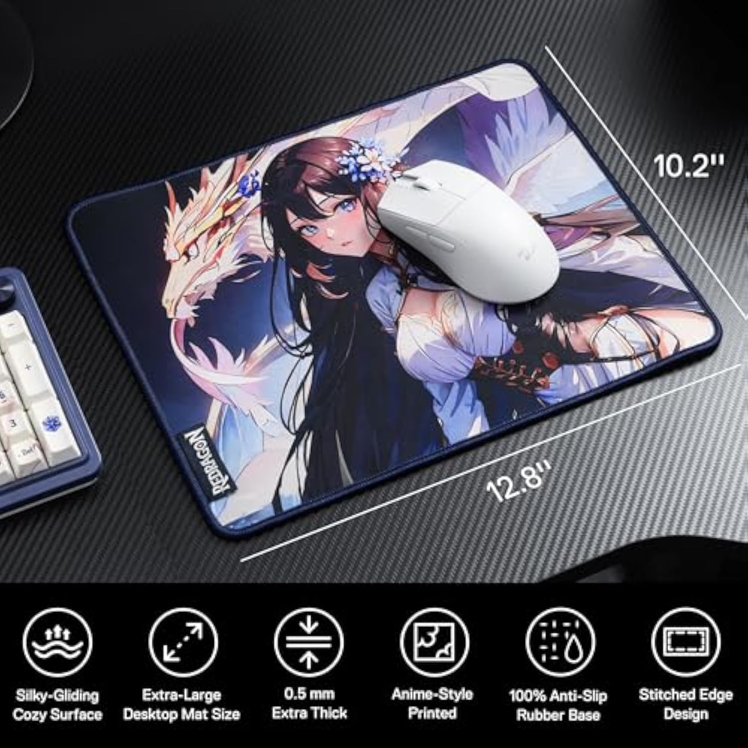 Redragon P046S Anime Gaming Mouse Pad - Smooth Lycra Surface, Anti-Slip Rubber Base, Spill-Resistant, Durable 5mm Thick Design, 13 x 10 inches, Dark Blue