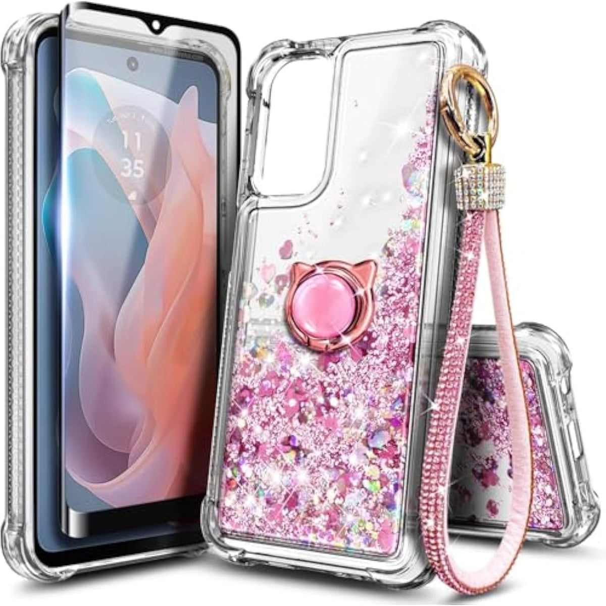 Compatible With Motorola Moto G-Play-2024 Case Rose Gold | Glitter Bling Sparkly Floating Liquid Cute Phone Cover With Tempered Glass Screen Protector/Ring Holder/Diamond Wrist Strap Lanyard